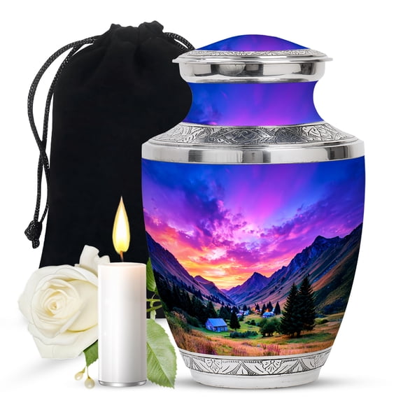 JAGASY Mountain Funeral Urn for Ashes Adult Male, Rainbow Decorative Urns for Companion, Large Blue Urns for Ashes for Women, Mountain Valley Cremation Urn for Mom & Dad, 10 Inch