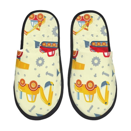 

Qekee Heavy Equipment print Slippers for Women and Men Fluffy Cute Cozy House Slipper Funny Furry Bedroom Slippers for Women Indoor -Medium