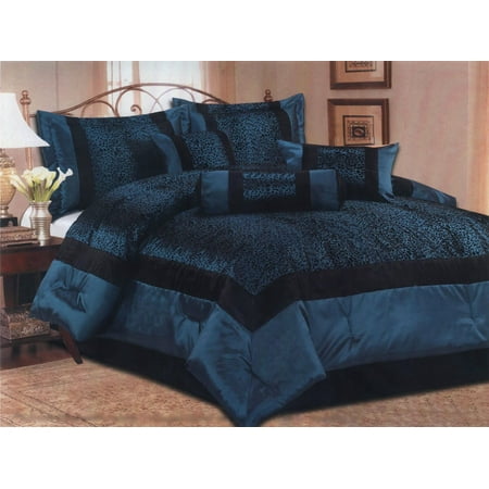 7 Pieces Satin Blue/Black Flocking Leopard Pattern Comforter Set