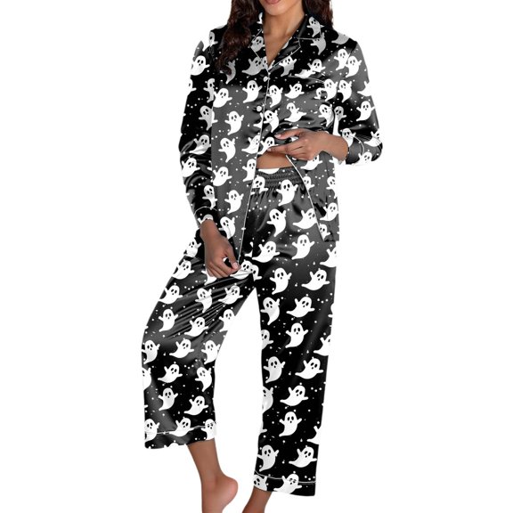 Women's 2 Piece Lounge Pajama Sets Women Halloween Pajama Sets Long Sleeve Sleepwear Nightwear Cozy Comfortable Loungewear Pants For Home Relaxation Autumn Winter Black L