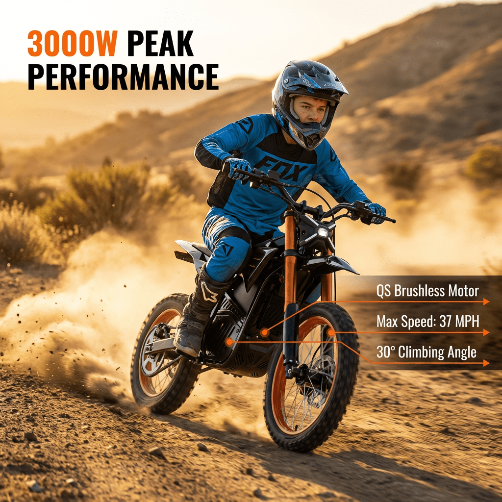 V7 Electric Dirt Bike for Teens and Adult 3,000 W Mid-Drive Motor 48 V 20.8 Ah Battery 37MPH