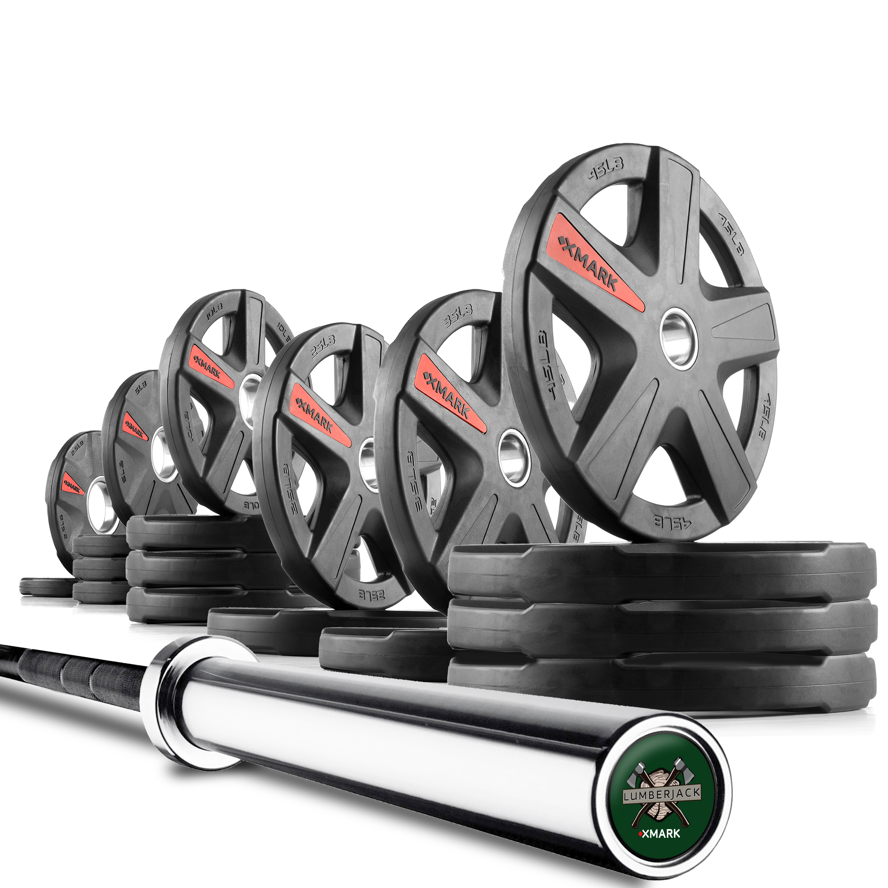 XMark LUMBERJACK 7' Olympic Bar and a 365 lb. TEXAS STAR Olympic Plate Weight Set