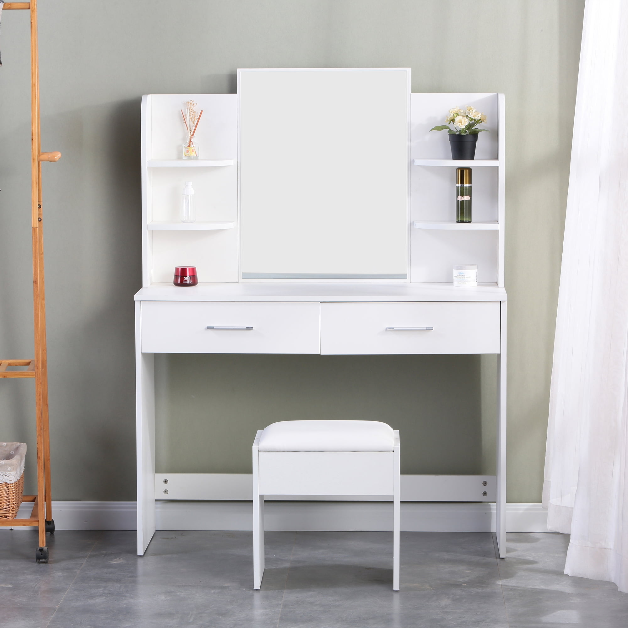 Kadyn Large Vanity Set, Vanity Table Set with 10 Light Bulbs, Makeup Vanity Desk with Cushioned Stool, 6 Storage Shelves 2 Drawers for Bedroom, White Kadyn Large Vanity Set, Vanity Table Set with 10 Light Bulbs, Makeup Vanity Desk with Cushioned Stool, 6 Storage Shelves 2 Drawers for Bedroom, White