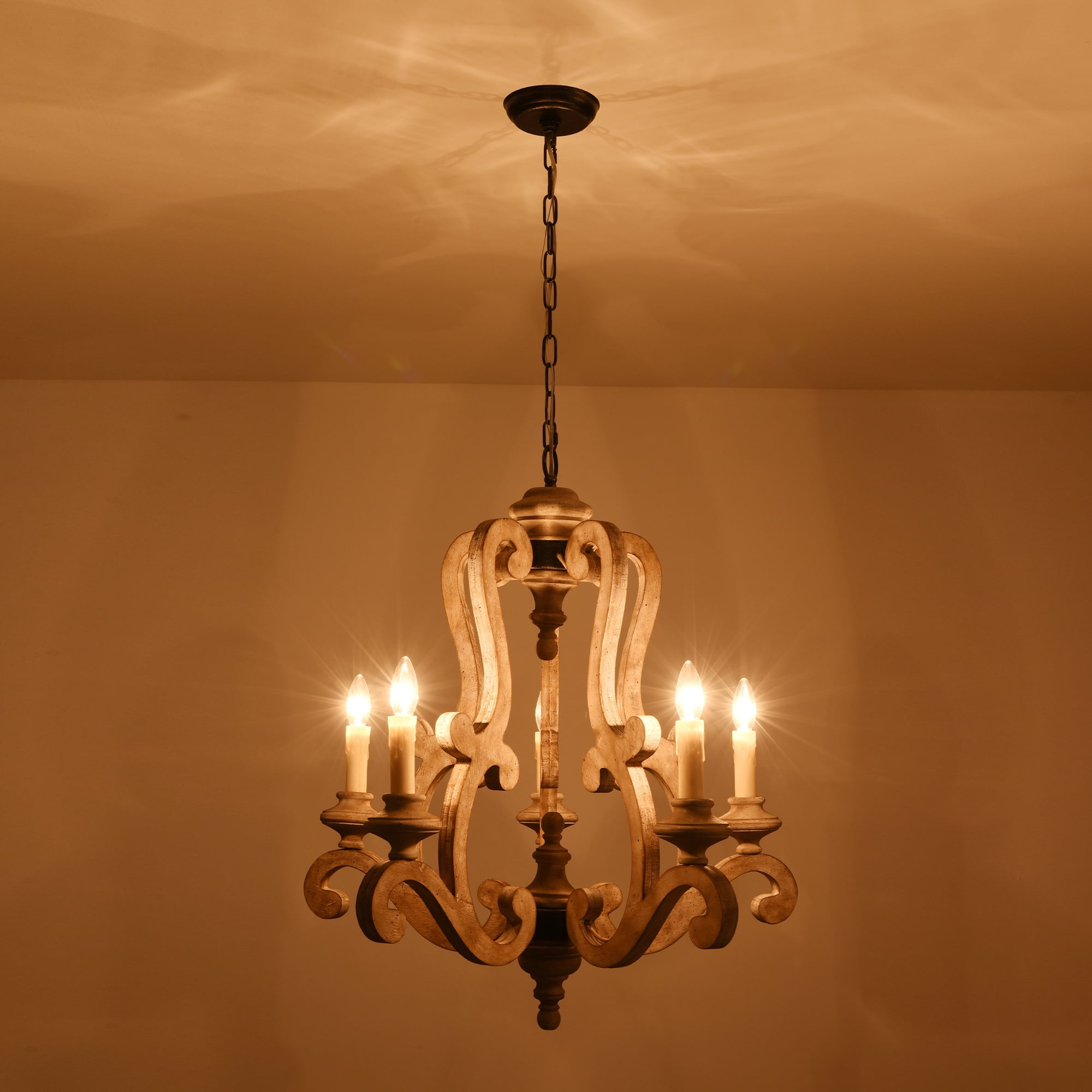5-Light Wooden White Vintage Chandelier