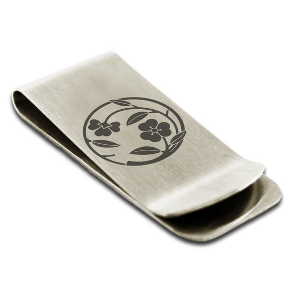 Stainless Steel Kawari Katabami Edamaru Kamon Crest Engraved Money Clip Credit Card Holder