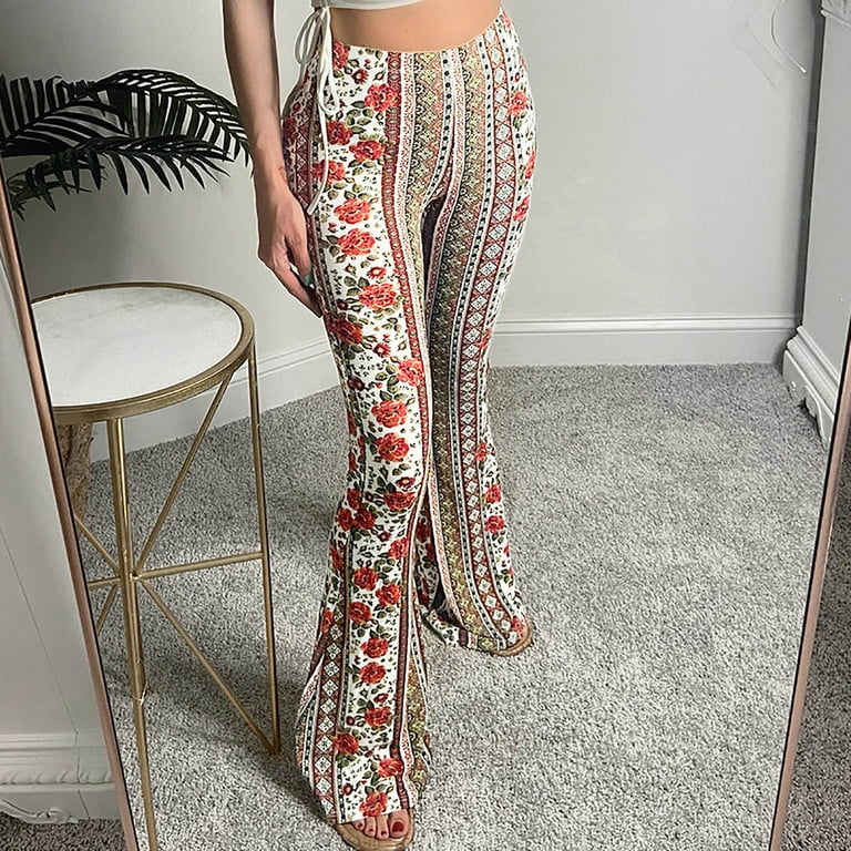 High Waist Print Flare Leggings Summer Vintage Flare Pants Women Fashion  Bodycon Trousers Autumn Winter Casual (Color : Yellow Flower, Size :  X-Large)