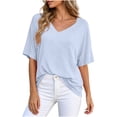 thumbnail image 3 of Jewelreauty Oversized T Shirts for Women V Neck Plain Tshirts Short Sleeve Casual Workout Loose Summer Tops (XL, Light Blue), 3 of 7