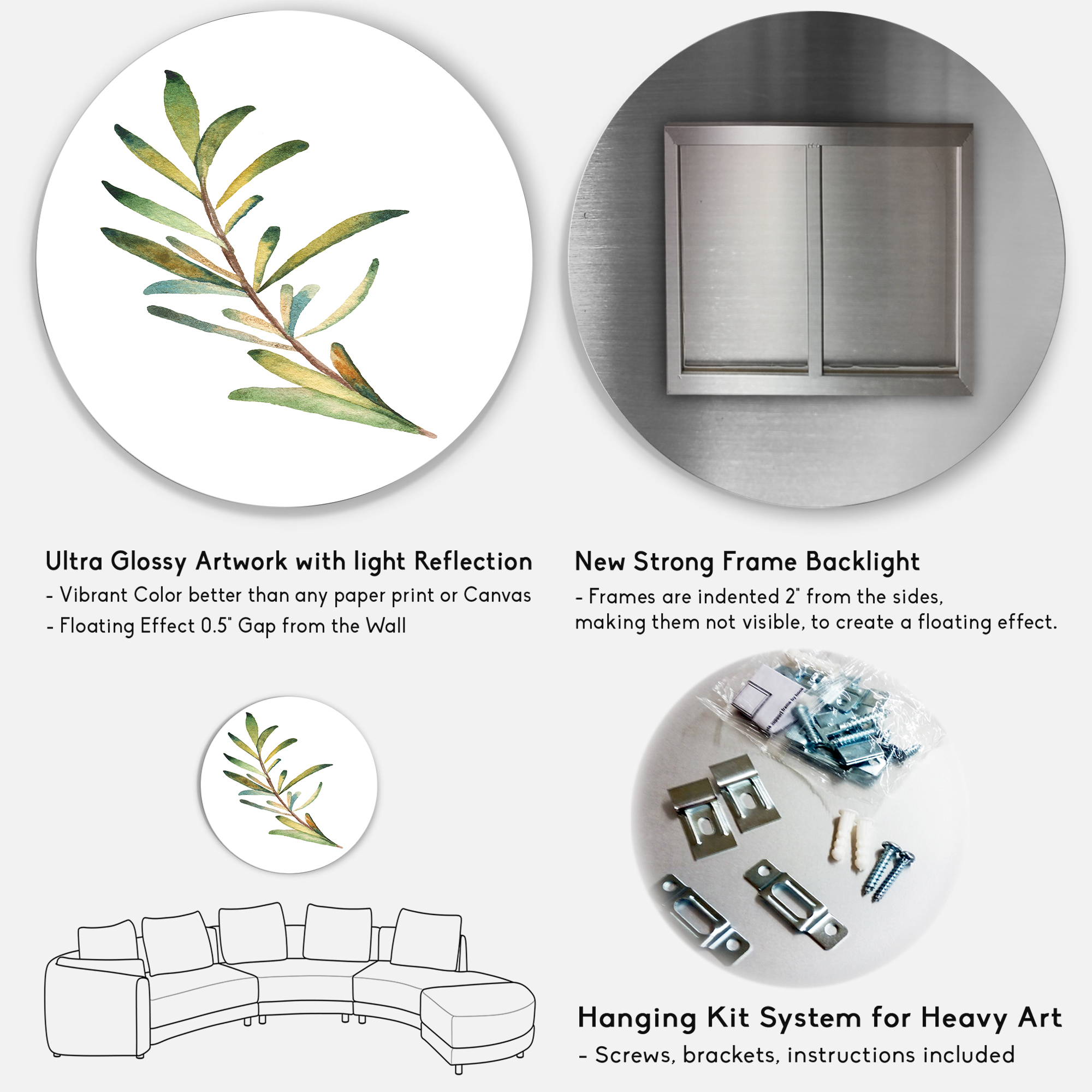 Designart 'Leaf Rosemary Branch on White' Traditional Circle Metal Wall Art 29x29 - Disc of 29