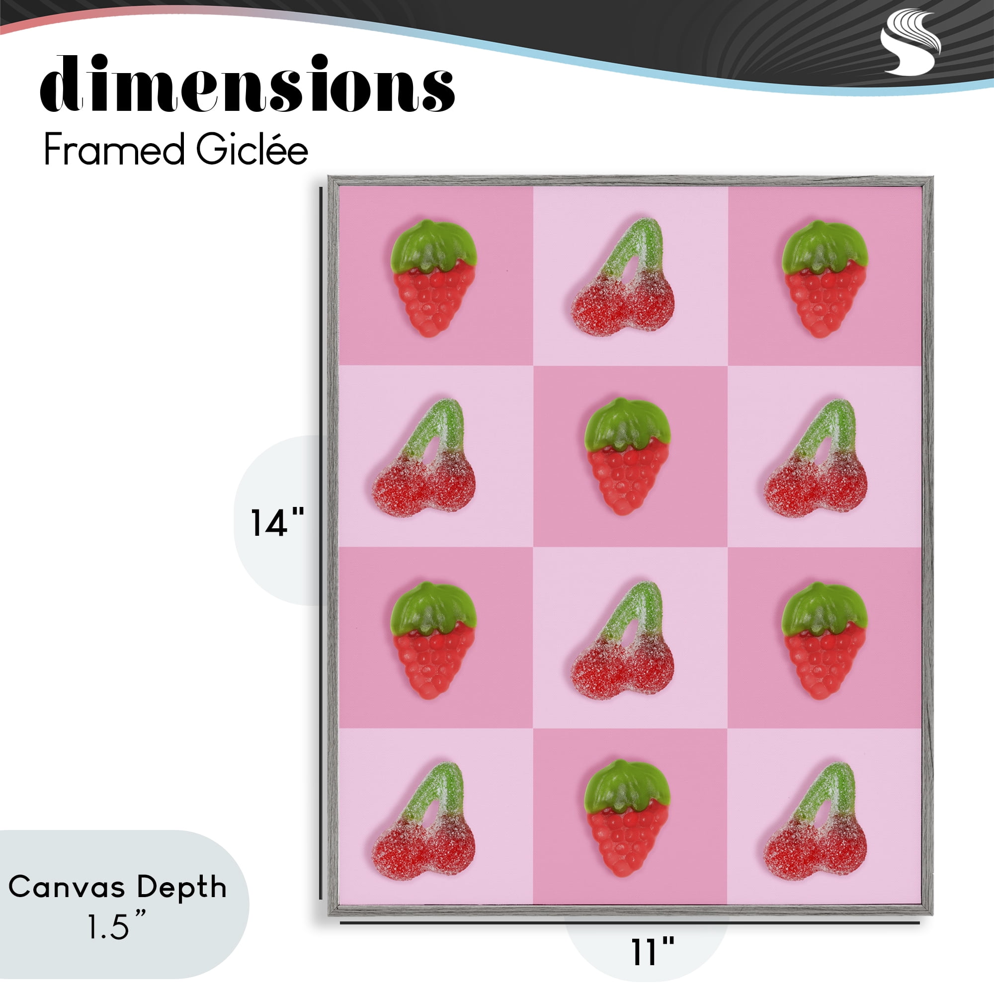 Stupell Industries Gummy Strawberry and Cherry Checkerboard Gray Framed Giclee Art, design by LISH Creative