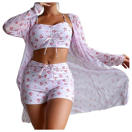 ICHUANYI Women s Swimwear Sets Print Bikini Straps Bikini Deep V Fashion Split Suits 3 Piece Swimsuit Clearance