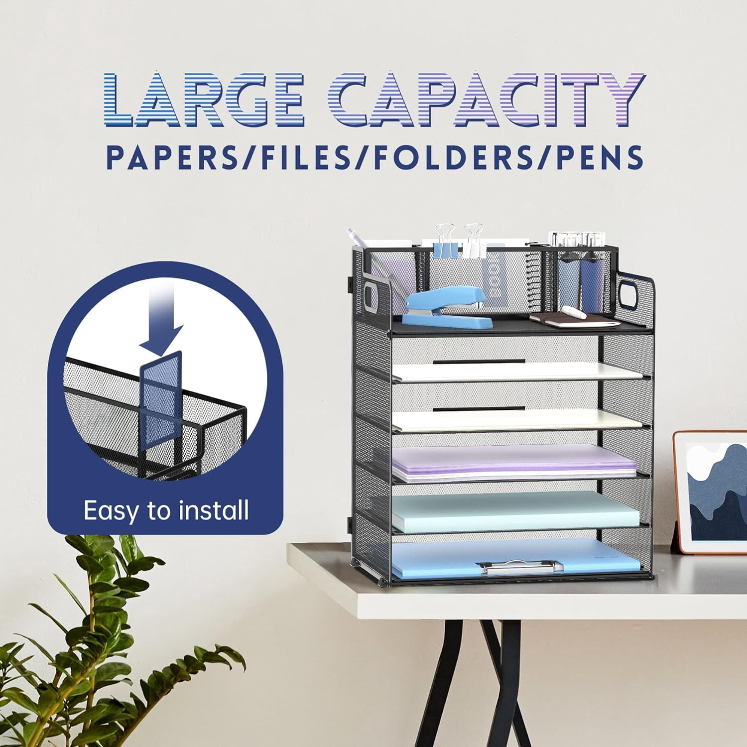 INTIGE 6-Tier Mesh Desktop Organizer with 3 Pencil Holder, File Organizer with Handle, Black, 1 Piece