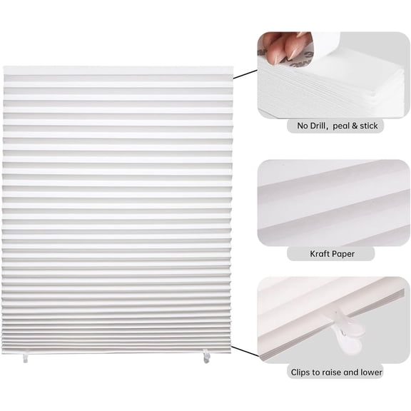6-Pack Temporary Light Filtering Paper Blinds for Window, Cut to Size Adhesive Paper Shades, Stick on Pleated Blinds,No Drill Easy Install,36" W x 72" H,White