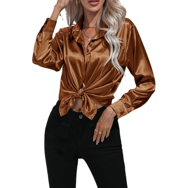 Innerwin Shirts Long Sleeve Ladies Tunic Tops Office Button Down Soft Blouse Dark Brown XL