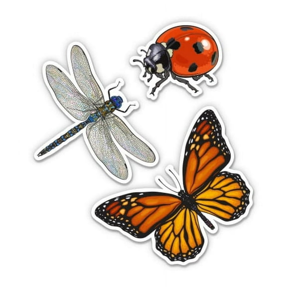 Monarch Butterfly Ladybug and Dragonfly Set - 2" Each Vinyl Stickers - For Car Laptop I-Pad Phone Helmet Hard Hat - Waterproof Decals