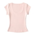 thumbnail image 5 of KHONTS Women's Short Sleeve T-Shirts Low Scoop Neck Slim Fitted Ribbed Knit Casual Crop Tops Pink M, 5 of 5