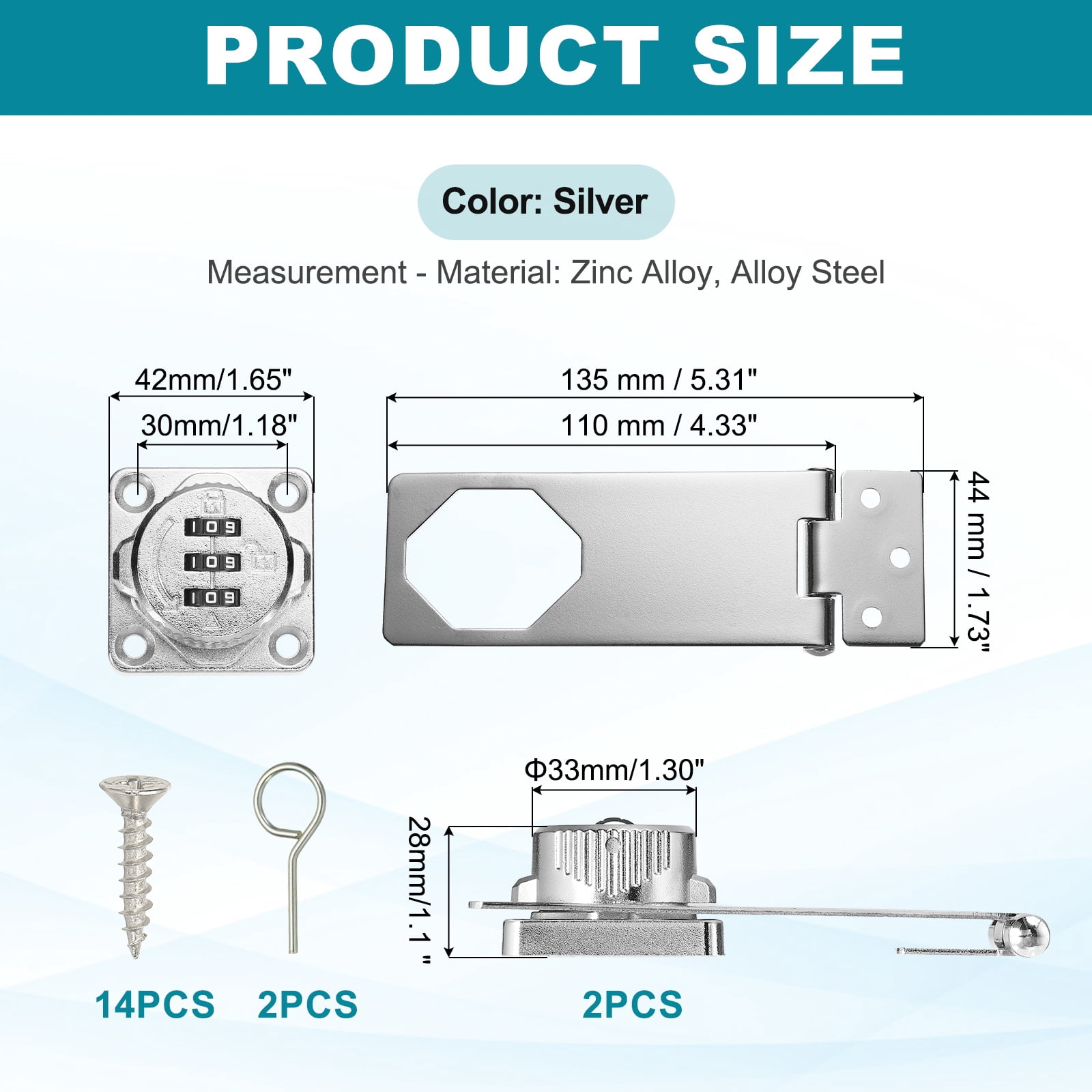 Uxcell Password Rotary Hasp Lock (5", Silver) (2 Pcs), Keyless 3-Digit Cabinet Locks with Combination Security Slide Latch, Suit For- Door/Closet/Barn/Bathroom/Outdoor/Garden