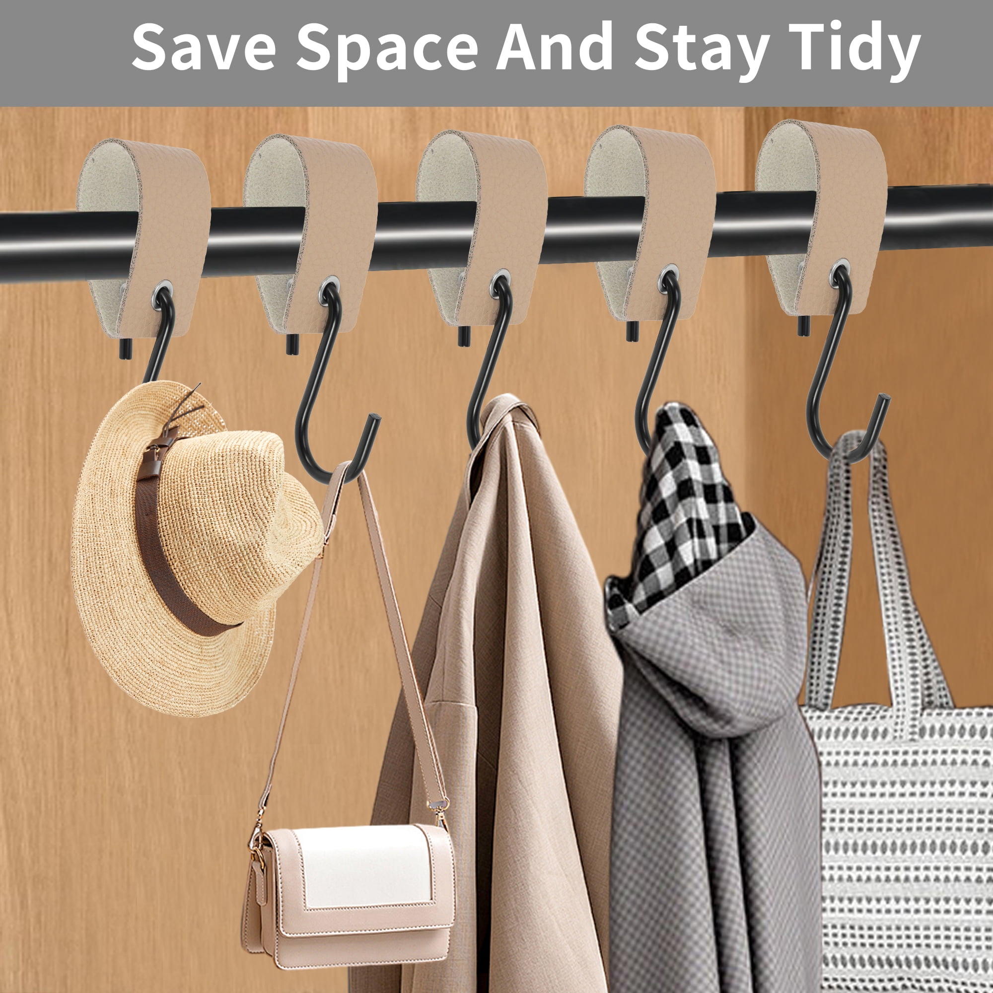 Unique Bargains Pack of 5 S Hooks with Leather Loop for Wardrobe Apricot