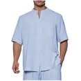 thumbnail image 3 of Iugvhana Cotton Linen Shirts for Men Short Sleeve Round Neck Pocket Shirt Button Down Shirts Summer Beach Tee Shirt Top Sky Blue L, 3 of 8