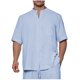 thumbnail image 3 of Camisetas Elvqul de Hombre Economicas Algodón Azul Celeste de Color Sólido Manga Corta Lino Cuello Redondo Botones, 3 of 8