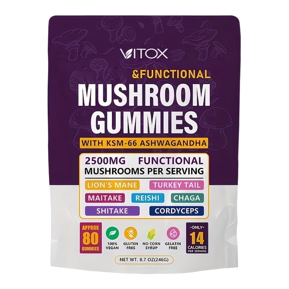 Mushroom Complex Gummies 2500mg, Lion's Mane Brain Focus, Reishi, Cordyceps, Turkey Tail, Chaga, Maitake, Shiitake with KSM-66 Ashwagandha, Stress & Immune Wellness Vegan Supplement, 80 Count