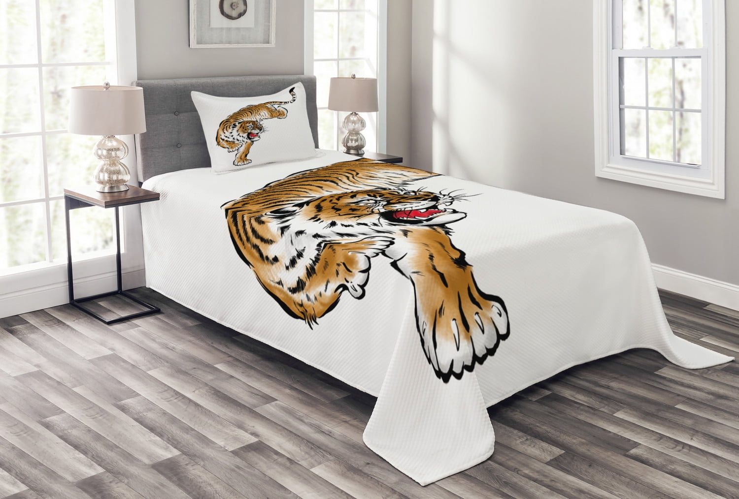 Tiger Bedspread Set Twin Size, Japanese Inspired Large Feline