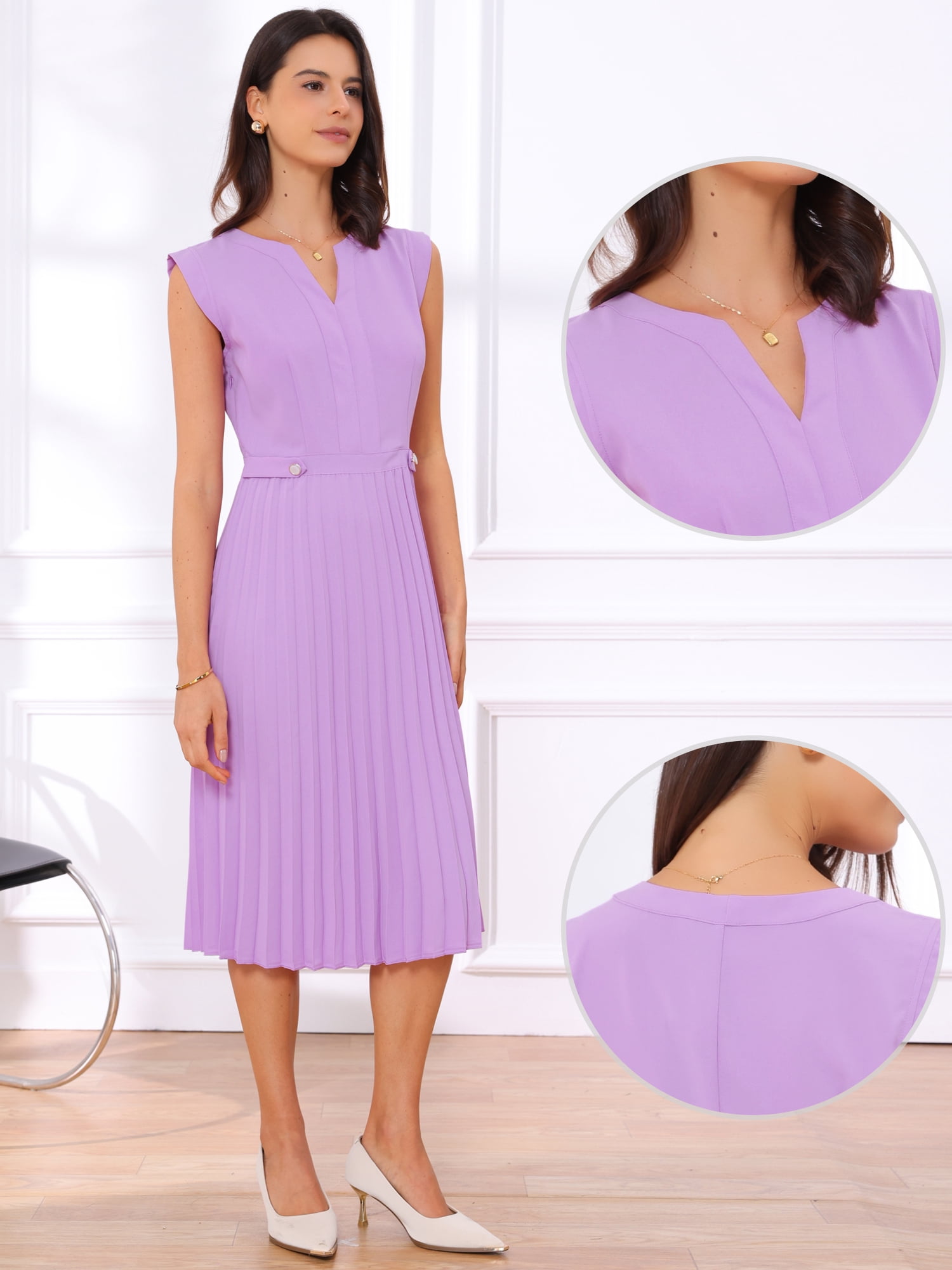 DARING DIVA Women's V Neck Sleeveless Button Pleated Midi Dresses L Purple