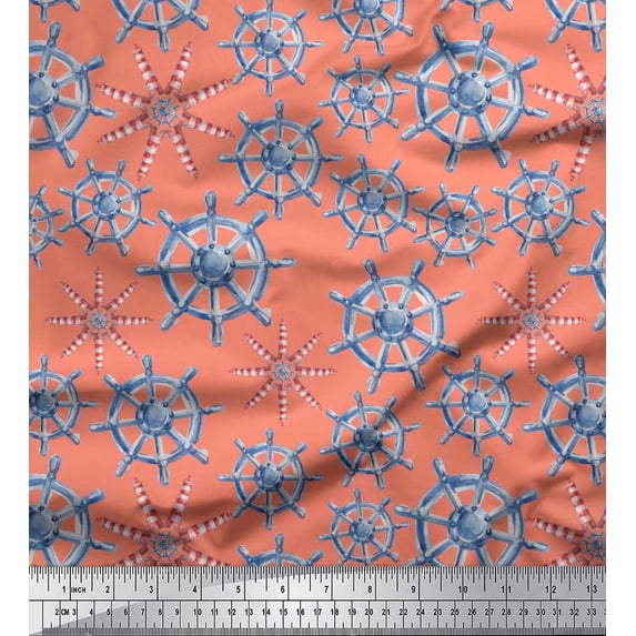 Soimoi Orange Velvet Fabric Lighthouse & Ship Wheel Nautical Fabric Prints By Yard 58 Inch Wide