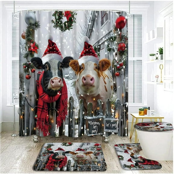 4 Piece Farmhouse Christmas Shower Curtain Set with Rugs, Toilet Lid Cover ,Rustic Xmas Highland Cow Pig on Country Wooden Fence Farm Barn Animal Winter Holiday Bathroom Shower Curtain with Hooks