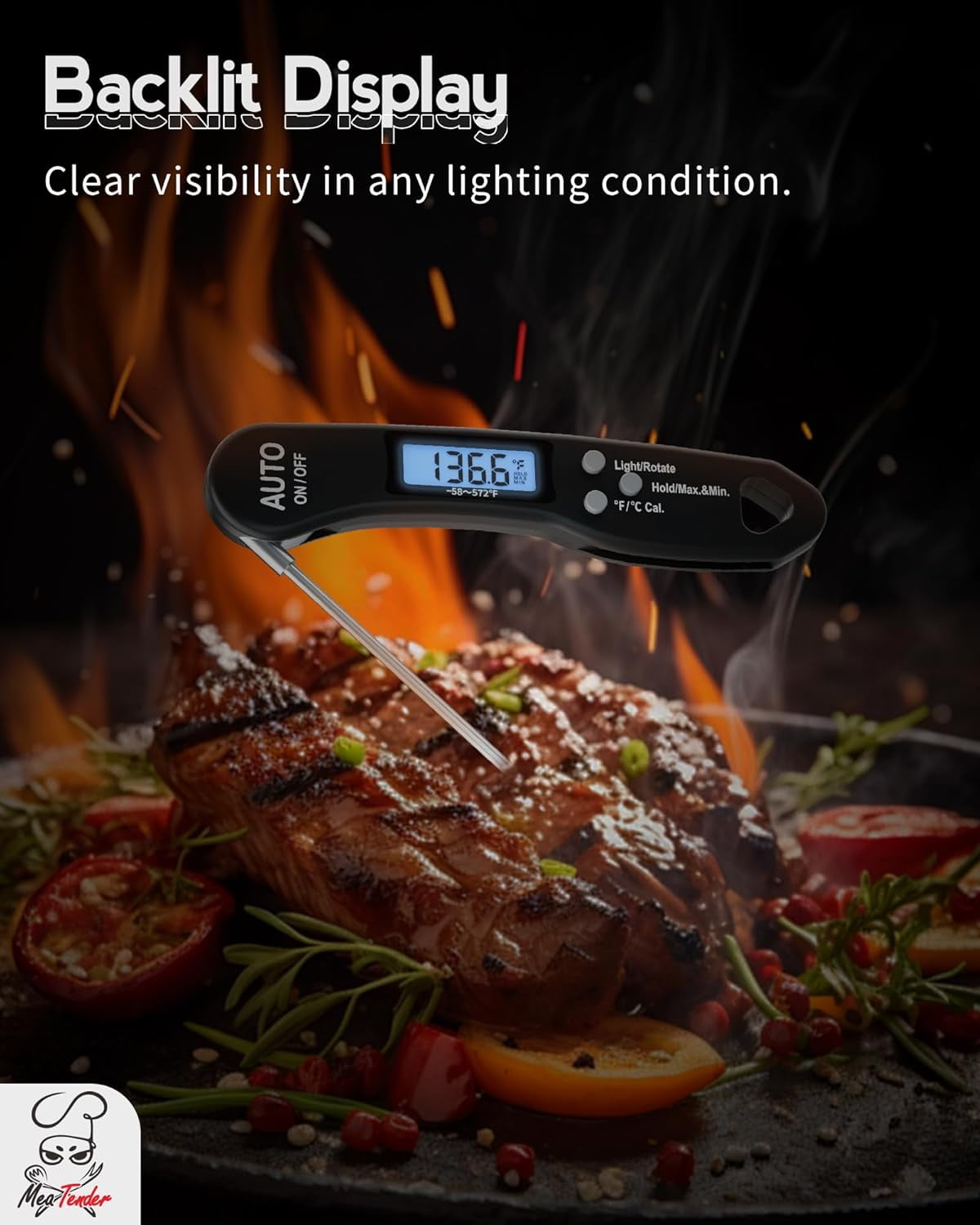 Instant Read Meat Thermometer, 1.2s Fast Read, ±1°F Accuracy, -58°F to 572°F, 4.4" Foldable Probe, 0 °C Calibration, Min/Max (Session), Auto-Rotating Backlit Display, °F/°C, Magnetic Back, Auto-Off