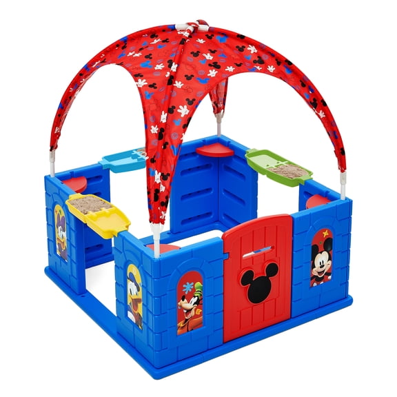 Mickey Mouse Deluxe Playhouse with Canopy by Delta Children – Ages 2 - Shaded Outdoor Playhouse for Kids with Water Tables, Interactive Features, Room for Multiple Toddlers to Play