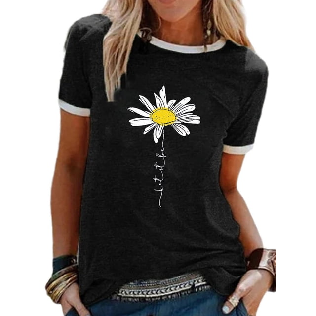 Innerwin Tee Letters Design Ladies Tops Summer Short Sleeve Casual T Shirt Black L