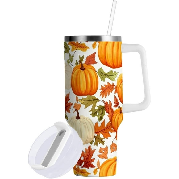 Thanksgiving Autumn Pumpkins 40 OZ Tumbler with Handle And Straw Insulated Tumblers Coffee Mug Travel Cup Stainless Steel Tumblers Personalized Tumbler