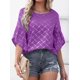 thumbnail image 4 of Tops de media manga con volantes para mujer, Camiseta holgada informal con cuello redondo, camisetas con estampado a cuadros a rayas para primavera y verano 2023, 4 of 5