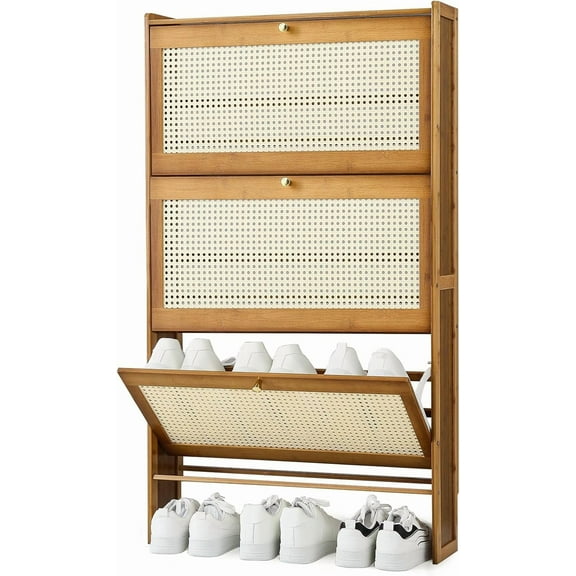 SSyao Narrow Shoe Cabinet for Entryway Slim Thin Bamboo Freestanding Shoe Storage with Flip Drawers for Hallway, Living Room-47.5" x 27" x 7"-Brown