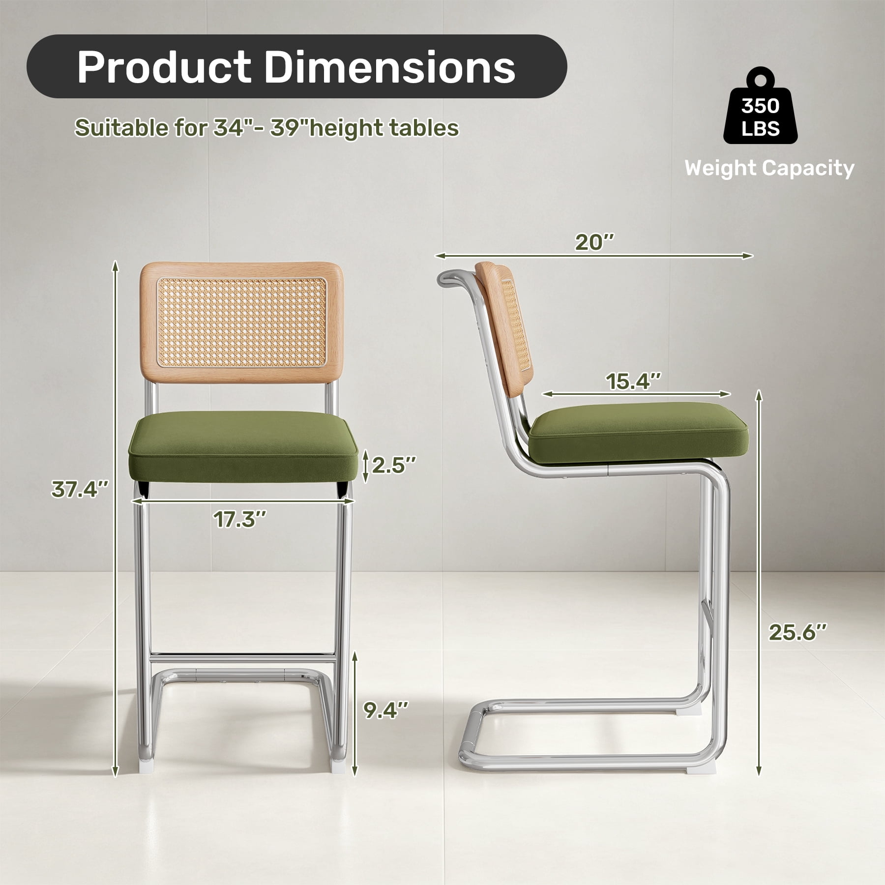 MOONMISS 25.6″ Bar Stools Set of 4,Velvet Counter Height Chairs with Rattan Back & Metal Legs,Mid Century Cantilevered Design for Kitchen Island,Green