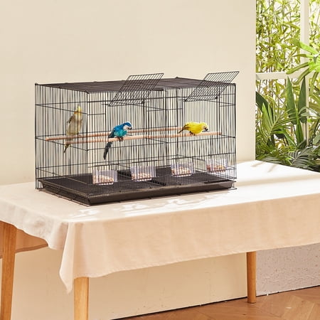 18" Wrought Iron Flight Cage for Small Birds with Removable Divider, Seed Guard, and Perches - Black