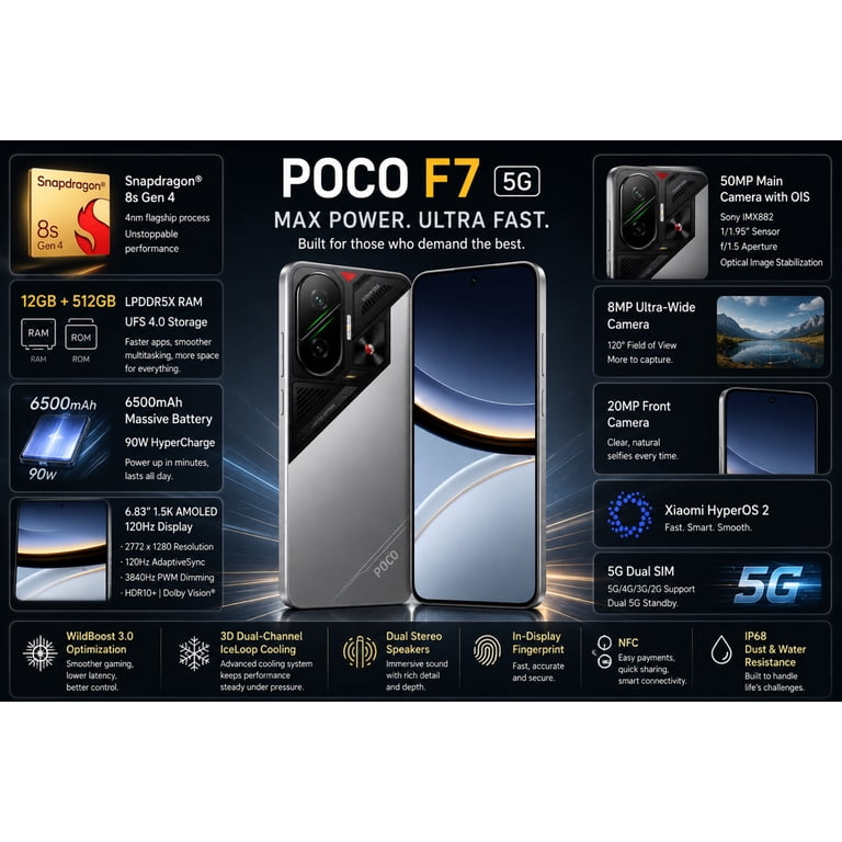 XIAOMI Poco F7 Ai 5G for Tmobile Mint Tello & Global 512GB + 12GB