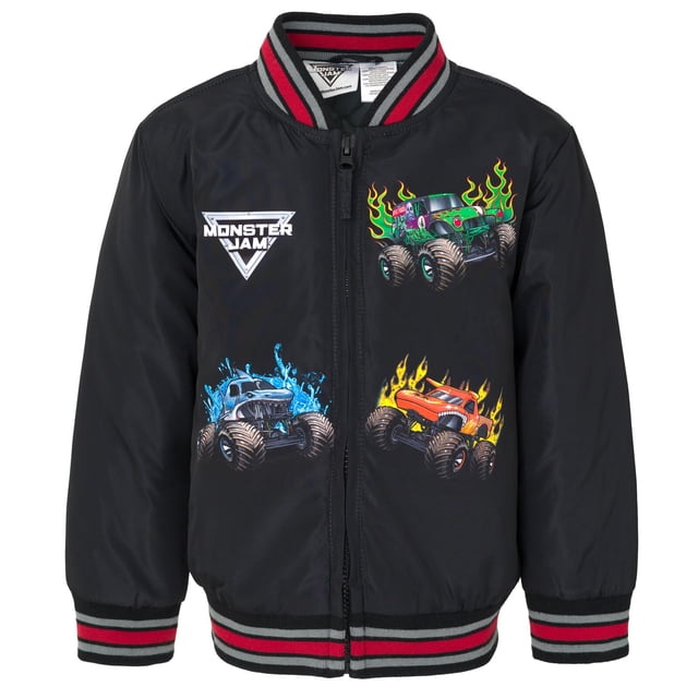 Chaqueta bomber Monster Jam Grave Digger El Toro Loco Megalodon para niños pequeños con cremallera, negra, 3T