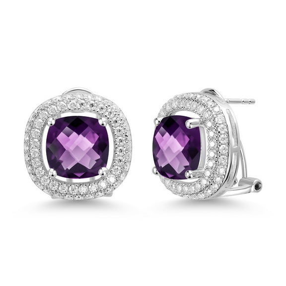Gem Stone King 7.80 Cttw Cushion Amethyst and White Moissanite Post Clip Earrings for Women in 925 Sterling Silver | Gemstone Birthstone | Cushion 10MM