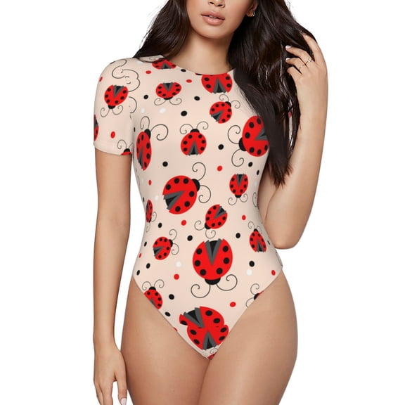 Naloa Red Ladybug Women's Short-Sleeved Onesie, One-Piece Swimsuit for Parties, dates, clubs - Small