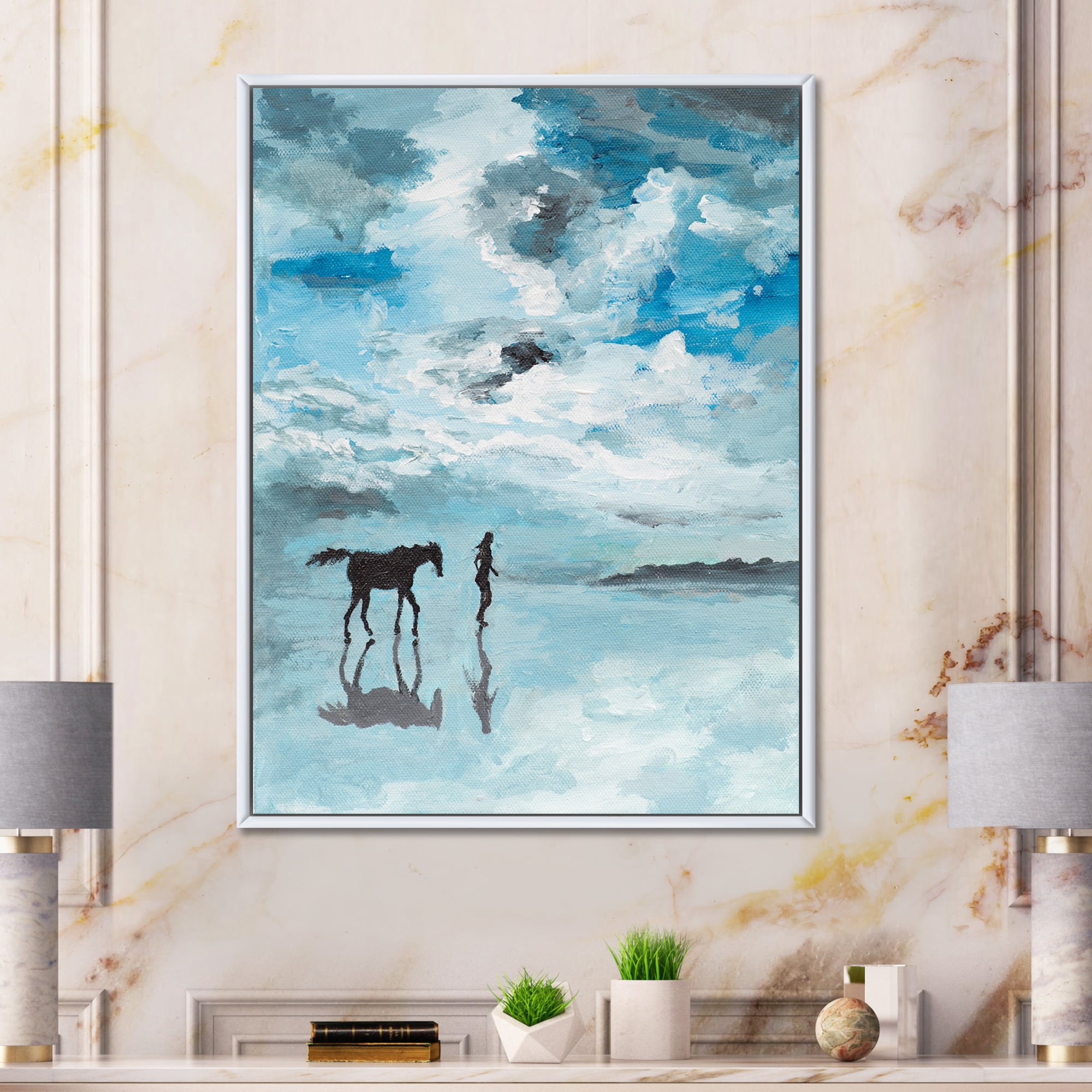 Designart 'Peaceful Scene Of Horse and Man Running By The Water' Farmhouse Framed Canvas Wall Art Print