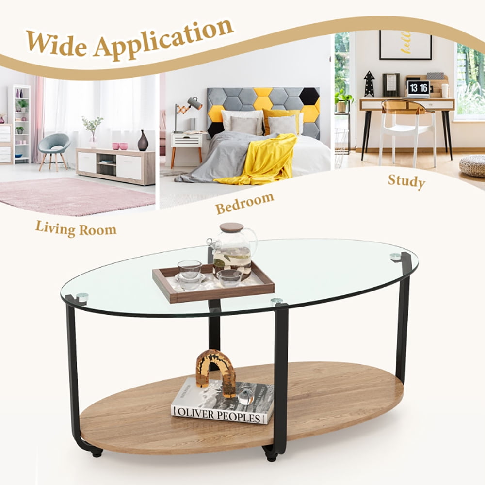 Finihen Glass Coffee Table, Oval Coffee Table, 2-Tier Glass-Top Oval Coffee Table with Wooden Shelf, for Living Room, Reception Room, Brown Finihen Glass Coffee Table, Oval Coffee Table, 2-Tier Glass-Top Oval Coffee Table with Wooden Shelf, for Living Room, Reception Room, Brown