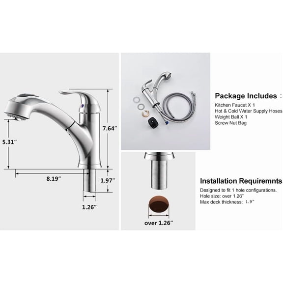 Kitchen Faucet with Sprayer, Brushed Nickel Kitchen Sink Faucet with Pull Out Sprayer, Single Handle 1 Hole Kitchen Faucets Solid Brass Commercial RV Kitchen Faucet 2 Modes & 150°Rotation & No Lead