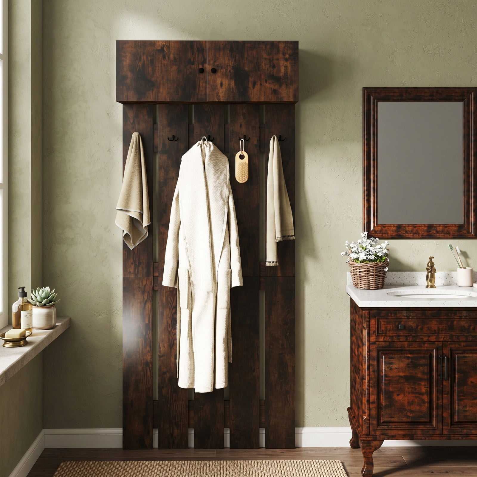 Furnibear Wall Mounted Coat Rack with Upper Storage Cabinet and 5 Metal Hooks for Entryway Kitchen and Living Room, Rustic Brown
