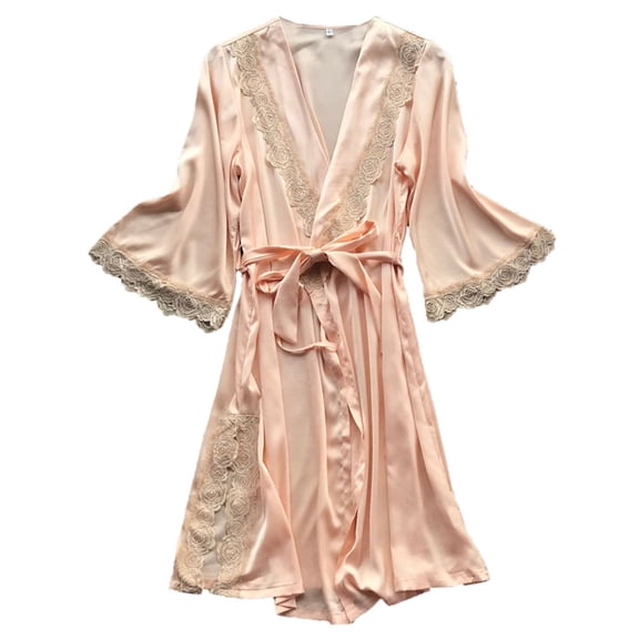 Hugcore Robes for Women Women's Lace Trim Kimono Robes for Wedding Party Loungewear Lace Sleepwear Cozy Robes for Women Beige, L