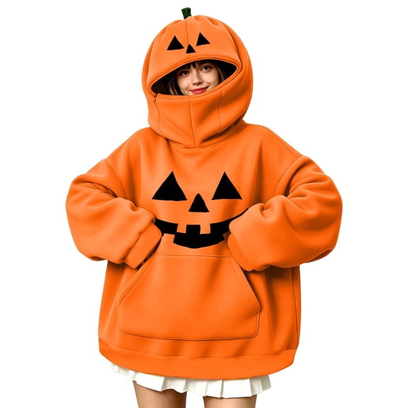 BRELIL Women Plus Size Halloween Pumpkin Hoodie Fall Long Sleeve Pullover Loose Casual Sweatshirt with Pocket Autumn Outfit, Orange 3XL