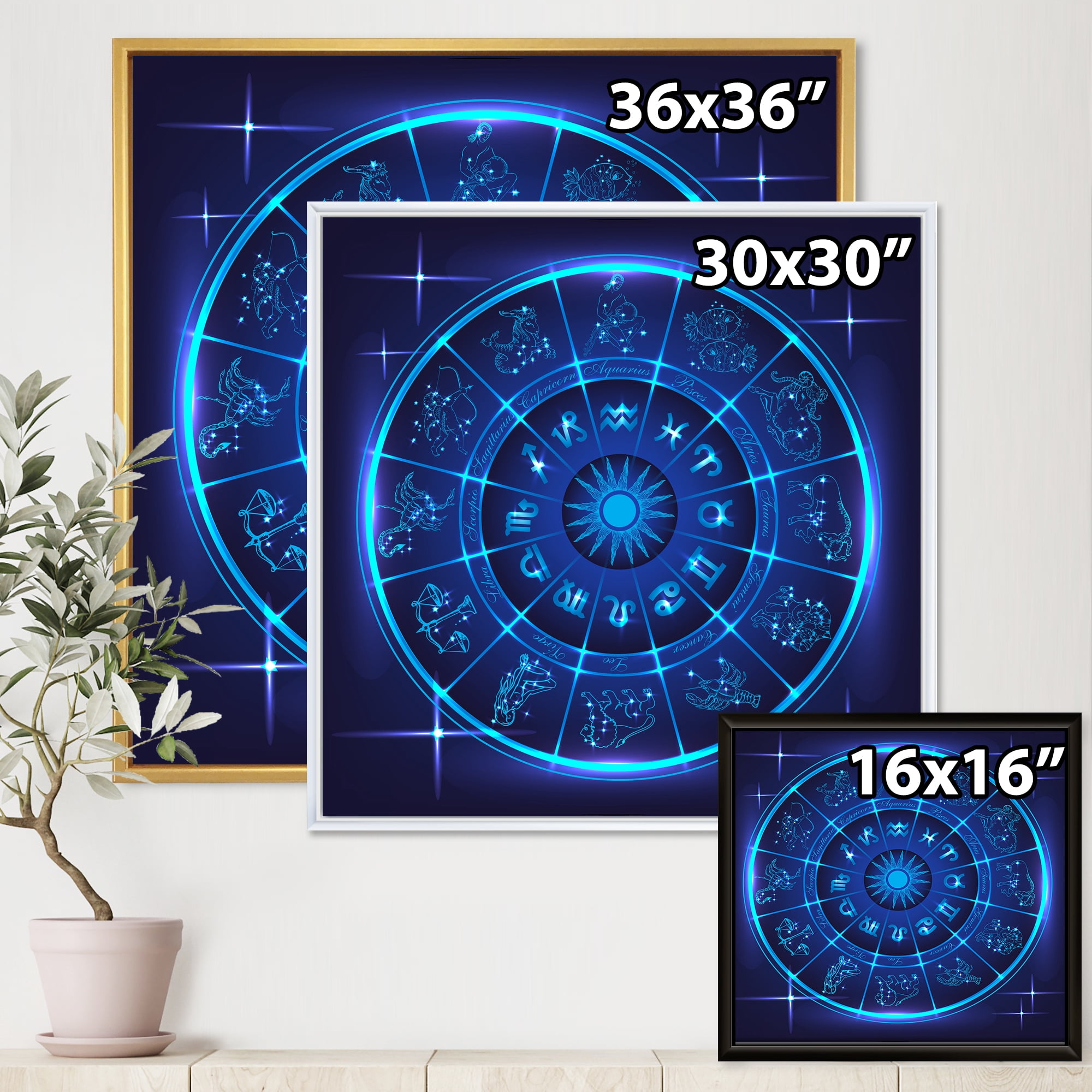 Designart 'Zodiac Signs With Neon Deep Blue Horoscope Circle' Modern Framed Canvas Wall Art Print