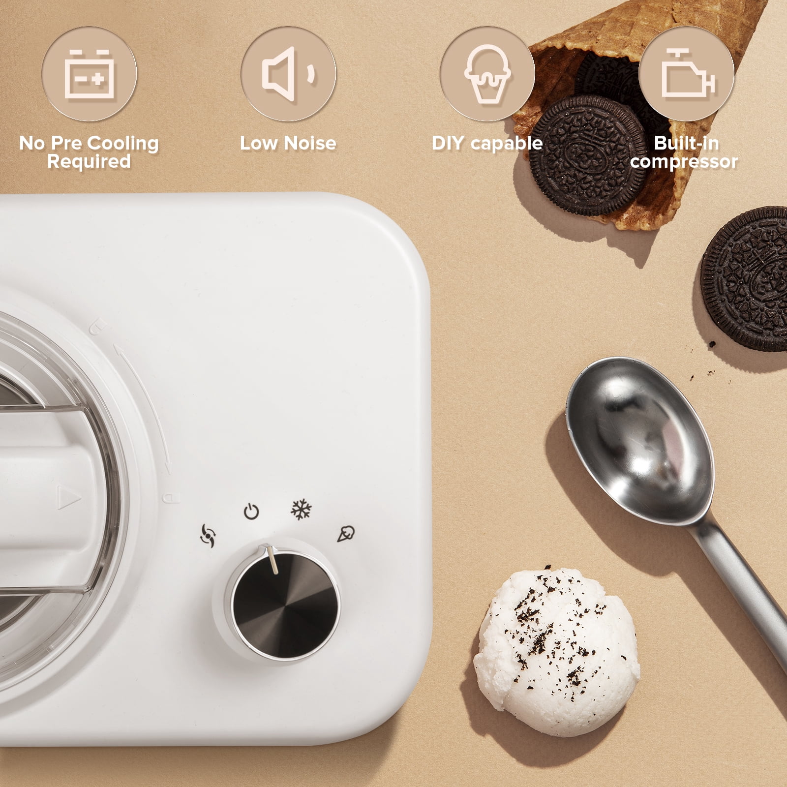 Moifoi Ice Cream Maker for Gelato, Frozen Yogurt, Ice Cream Sorbet, Compact Size, Knob-Operated Control, Upper Mixing