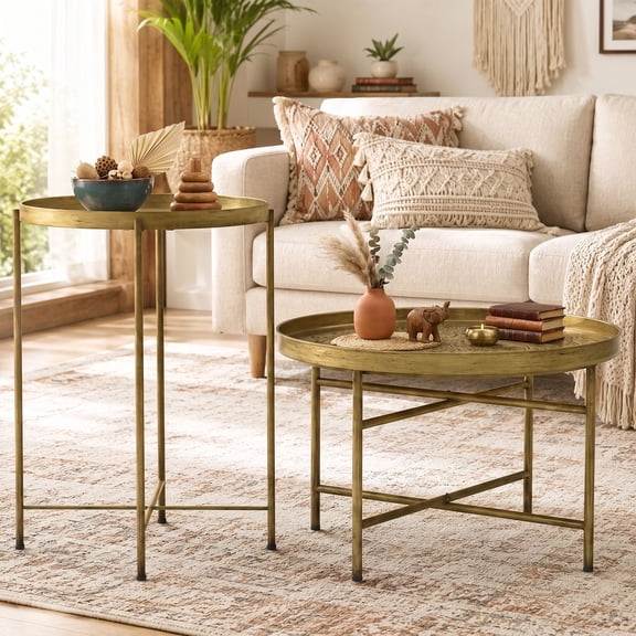 Coffee Table Set for Living Room, Round Center Table Set with Hammered Tray Top and Metal Frame for Bedroom, Gold