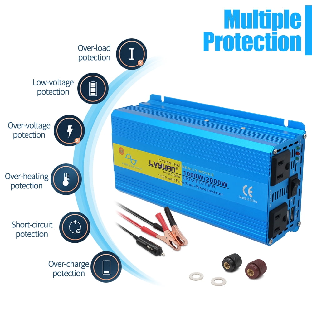 Yinleader 1000 Watt Pure Sine Wave Power Inverter 12V to 110V DC to AC Converter with 2 USB Ports and 2 AC